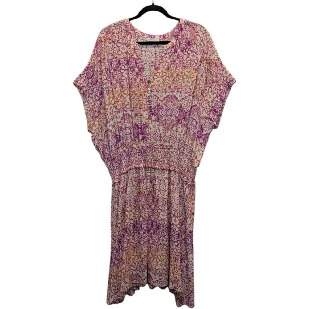 White Birch Dress 1XL Fit & Flare Cap Dolman Sleeves Batik Lined Smocked Waist
